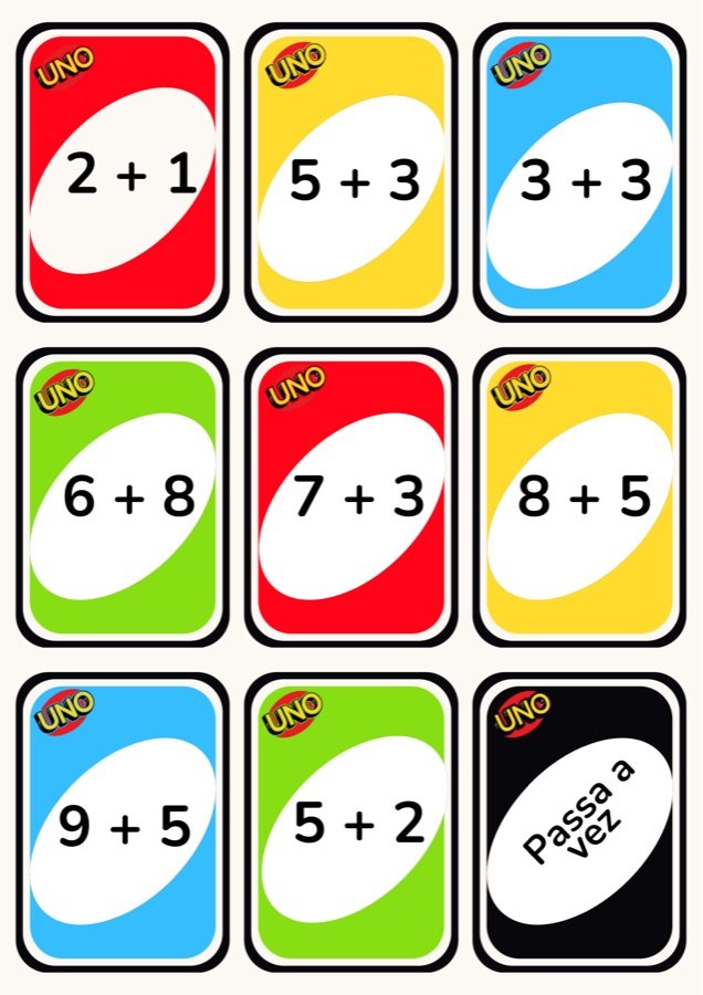 Cartas do Uno Matemático com operações de soma: 2+1, 5+3, 6+8, 7+3, 8+5, 9+5 e carta especial Passa a Vez